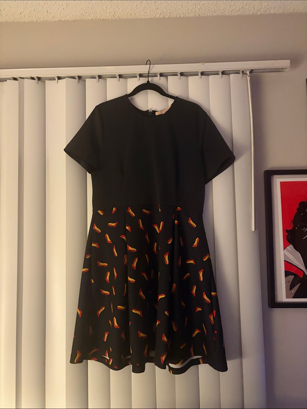 Anthropologie Black Mini Dress with Orange shoe Print
